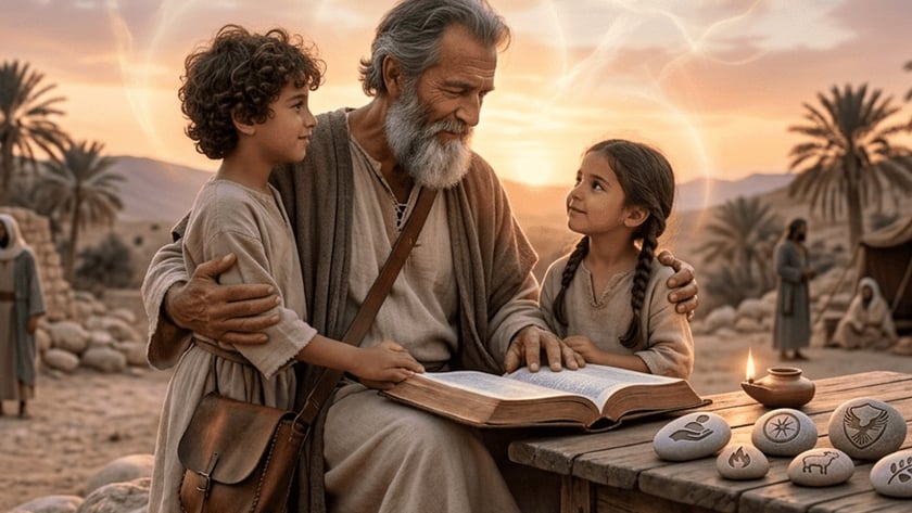 Homem idoso lê um livro aberto com duas crianças, ao pôr do sol no deserto.