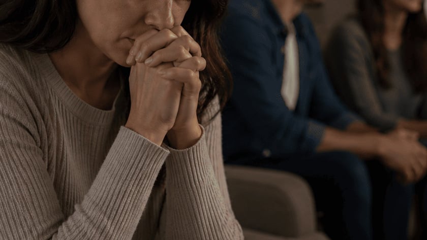 Mulher de olhos fechados e mãos unidas junto ao rosto, com três pessoas sentadas ao fundo.