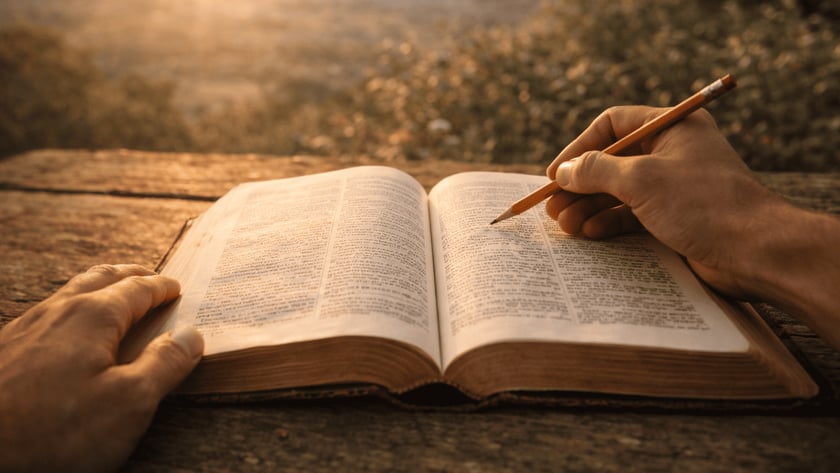 Mãos de uma pessoa seguram um livro aberto e apontam um lápis para a página, ao ar livre.