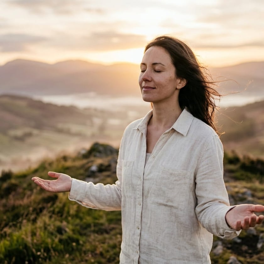 Mulher de olhos fechados e braços abertos em um morro com montanhas ao fundo.