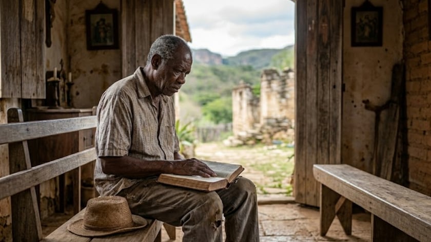 Homem idoso sentado em um banco lendo um livro numa varanda rústica