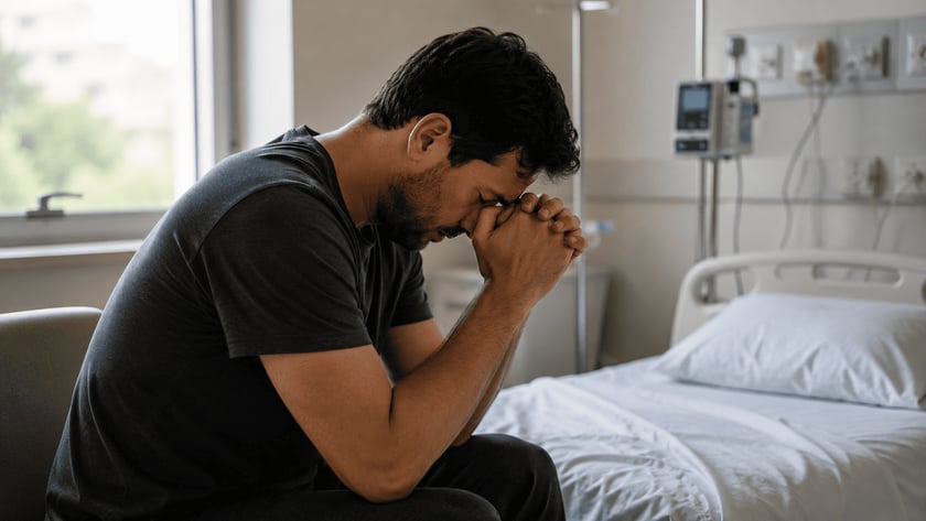 Homem de camiseta escura sentado na cama de hospital, com as mãos unidas junto à testa.