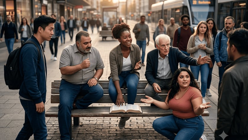 Grupo diverso conversa em um banco de rua, com uma Bíblia aberta, perto de um bonde.