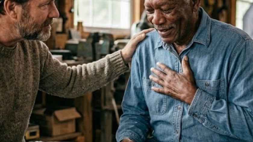 Homem idoso de camisa jeans segura um livro e a mão no peito, consolado por outro homem.