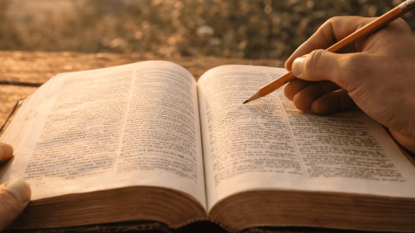 Mãos de uma pessoa seguram um livro aberto e apontam um lápis para a página, ao ar livre.