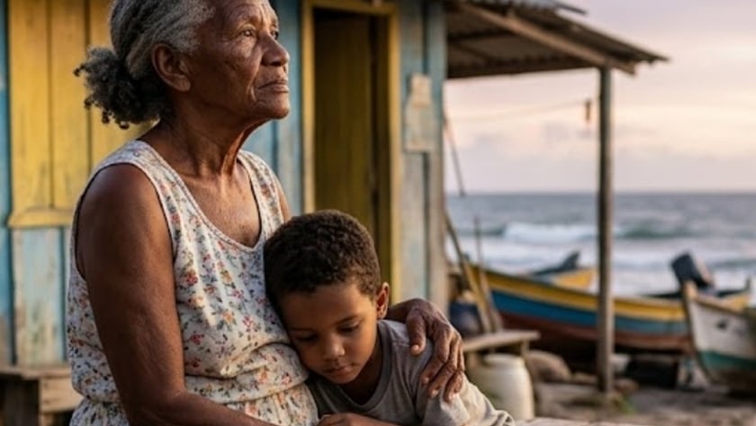 Idosa e menino sentados abraçados em um banco diante de casa de madeira azul, perto do mar.