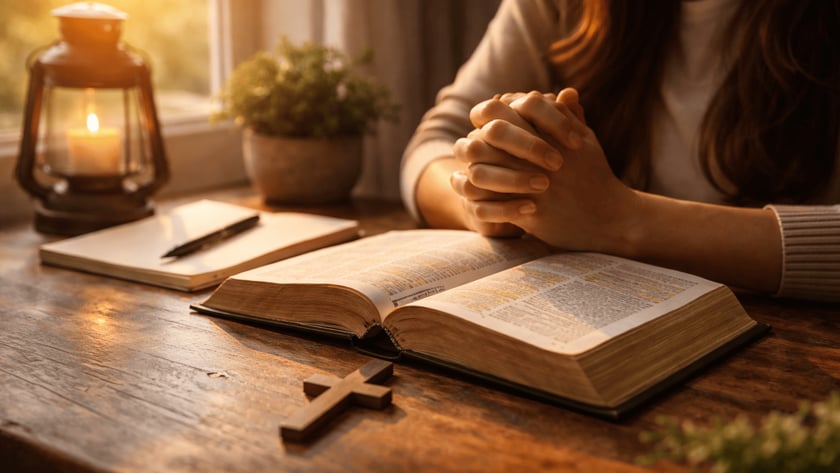 Pessoa de mãos unidas ao lado de Bíblia aberta, caderno, lanterna e cruz de madeira.