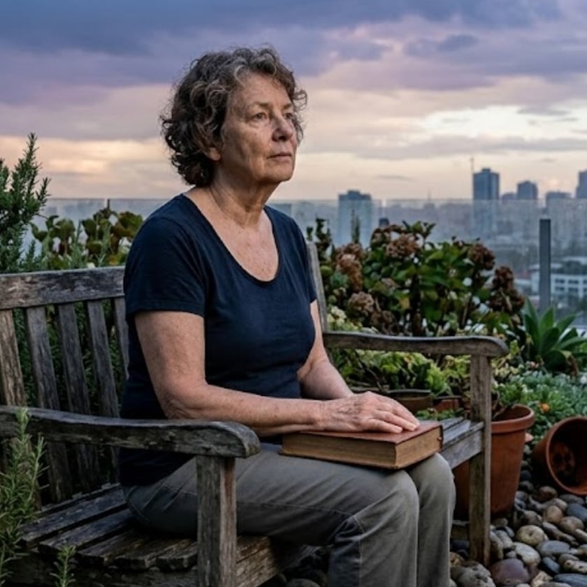 Mulher grisalha sentada em banco de madeira num terraço com plantas, segurando um livro.