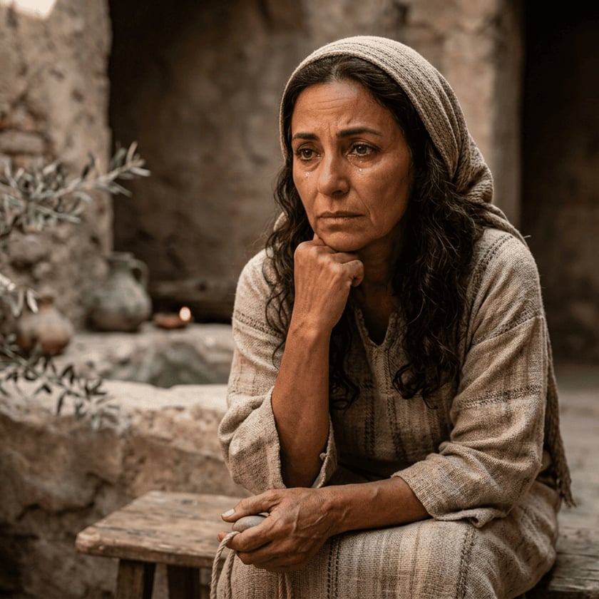 Mulher de lenço na cabeça, sentada num banco de madeira, com lágrimas no rosto.