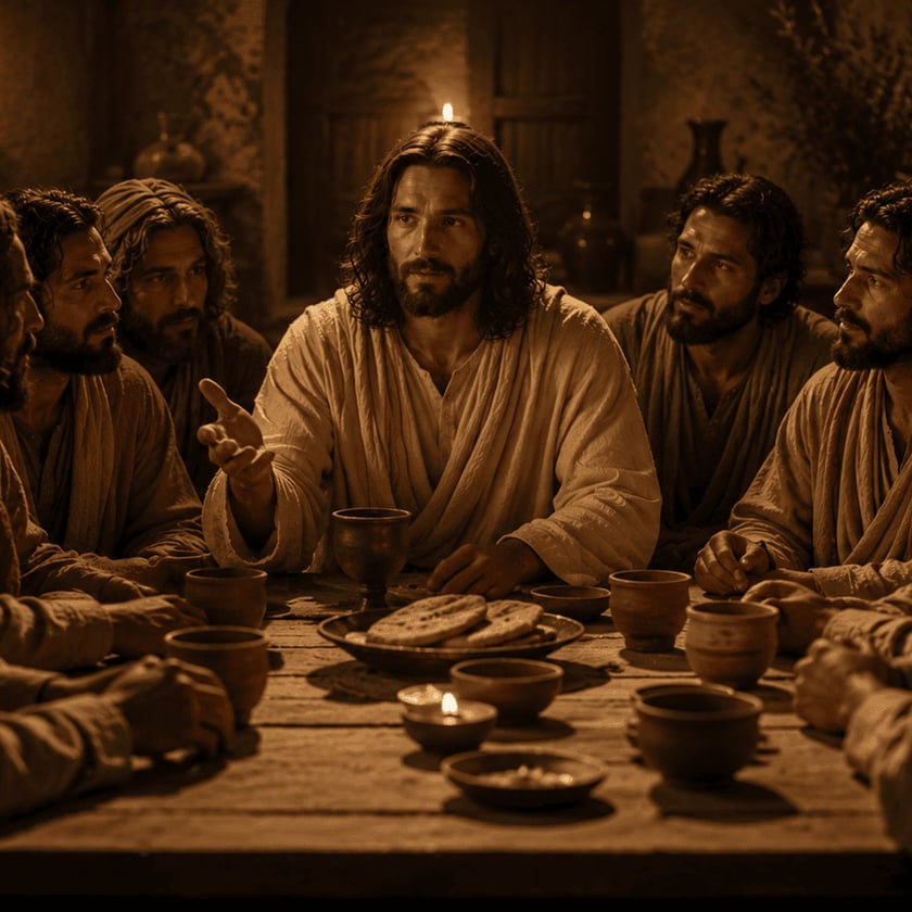 Homens de túnica sentados ao redor de uma mesa de madeira com pães e taças, à luz de velas.