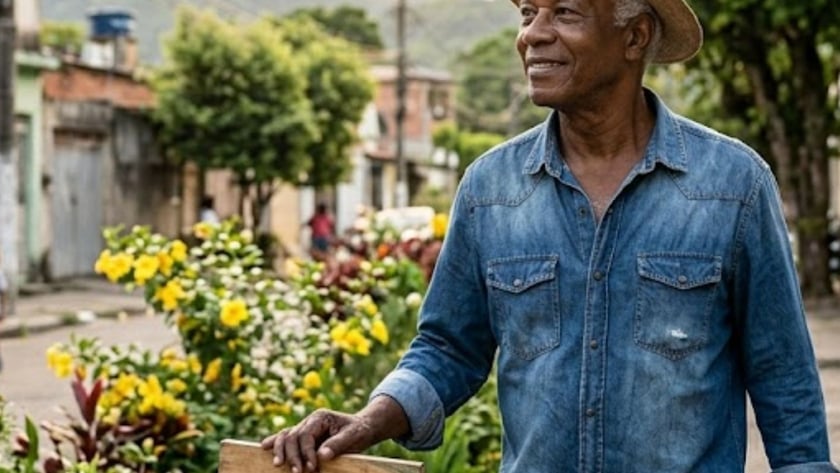 Homem idoso de chapéu e camisa jeans apoia a mão em uma placa de madeira com cruz