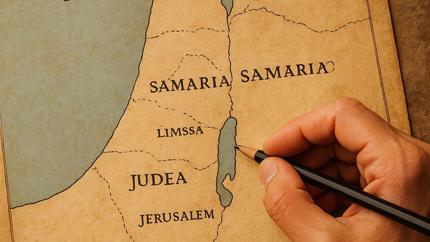 Mão segura lápis sobre mapa antigo com Judeia, Samaria e Jerusalém: "DEAD SEA".