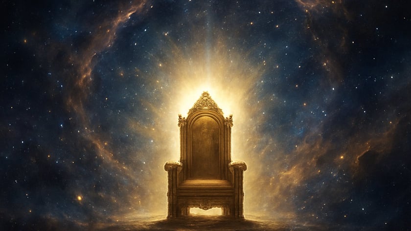 Trono dourado ornamentado, vazio, brilhando no meio do espaço estrelado com nebulosa ao redor.