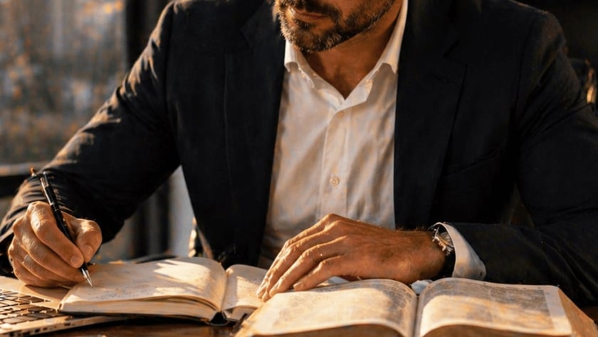 Homem de terno escreve em caderno ao lado de um livro aberto e um laptop.