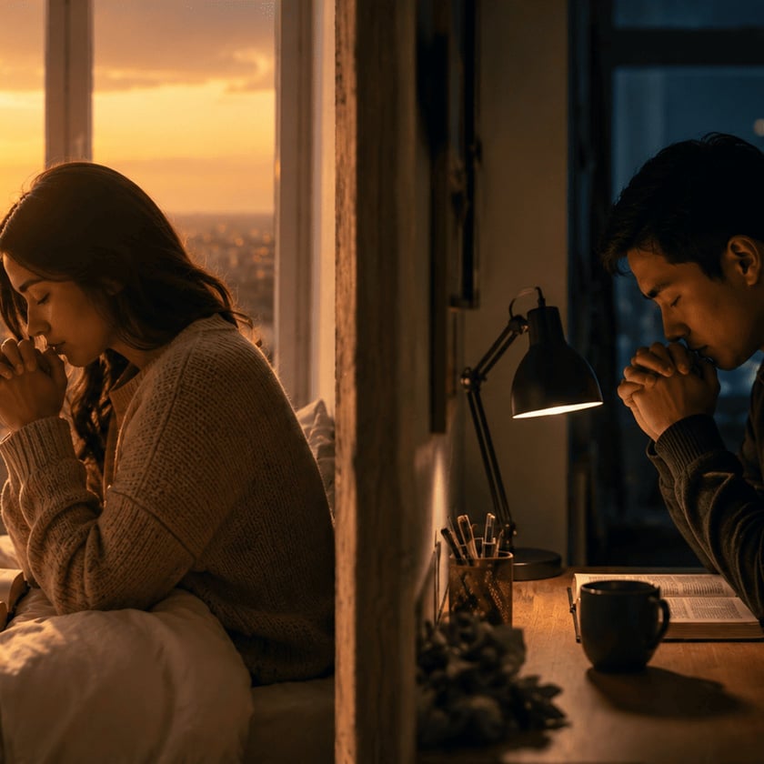 Mulher de cabelo escuro, com as mãos postas, ora num quarto ao pôr do sol.