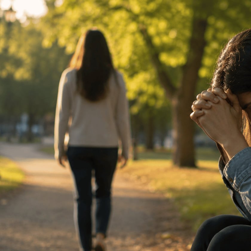 Mulher de cabelo comprido caminha em parque enquanto outra, sentada em primeiro plano