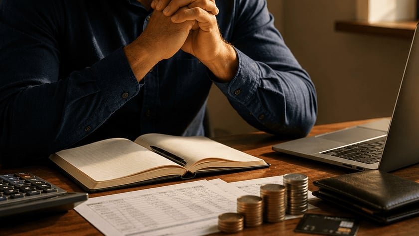 Homem de camisa azul, mãos unidas e olhos fechados, à mesa com notebook, moedas e papéis.