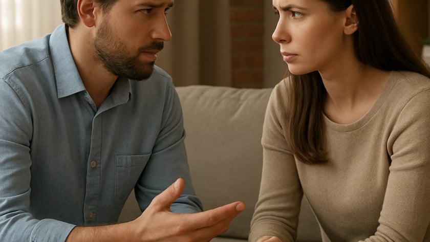Homem e mulher conversam sentados em um sofá, com uma Bíblia aberta sobre a mesa.