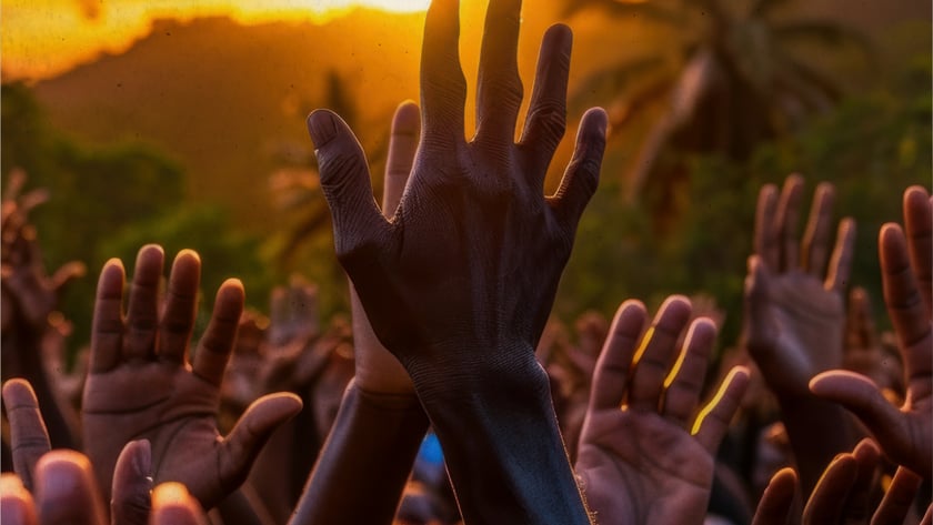 Multidão de mãos erguidas ao pôr do sol, com palmeiras e montanhas ao fundo.