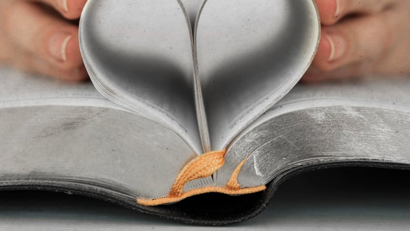Duas mãos dobram as páginas de um livro aberto, formando um coração.