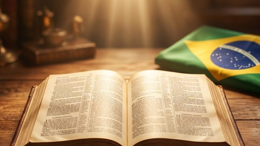 Bíblia aberta sobre mesa de madeira, ao lado de uma bandeira do Brasil dobrada.