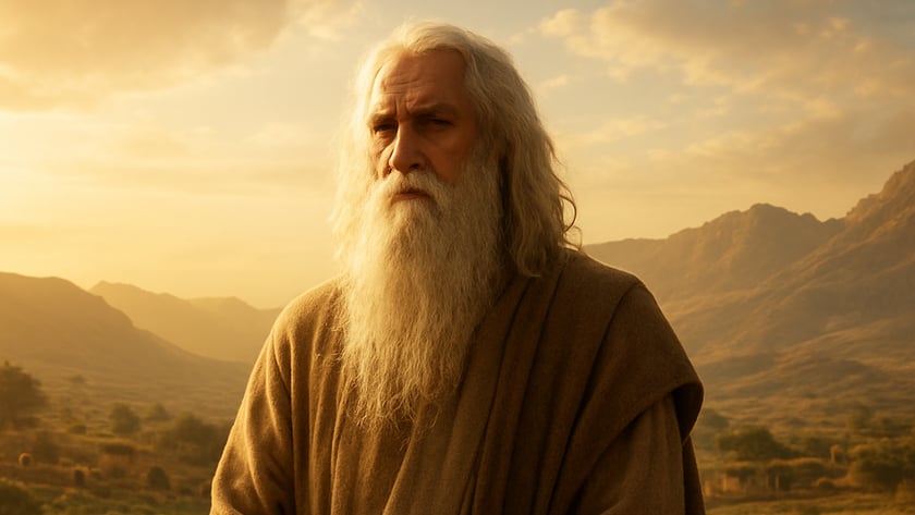 Homem idoso de barba e cabelos longos brancos, com manto marrom, em paisagem montanhosa.
