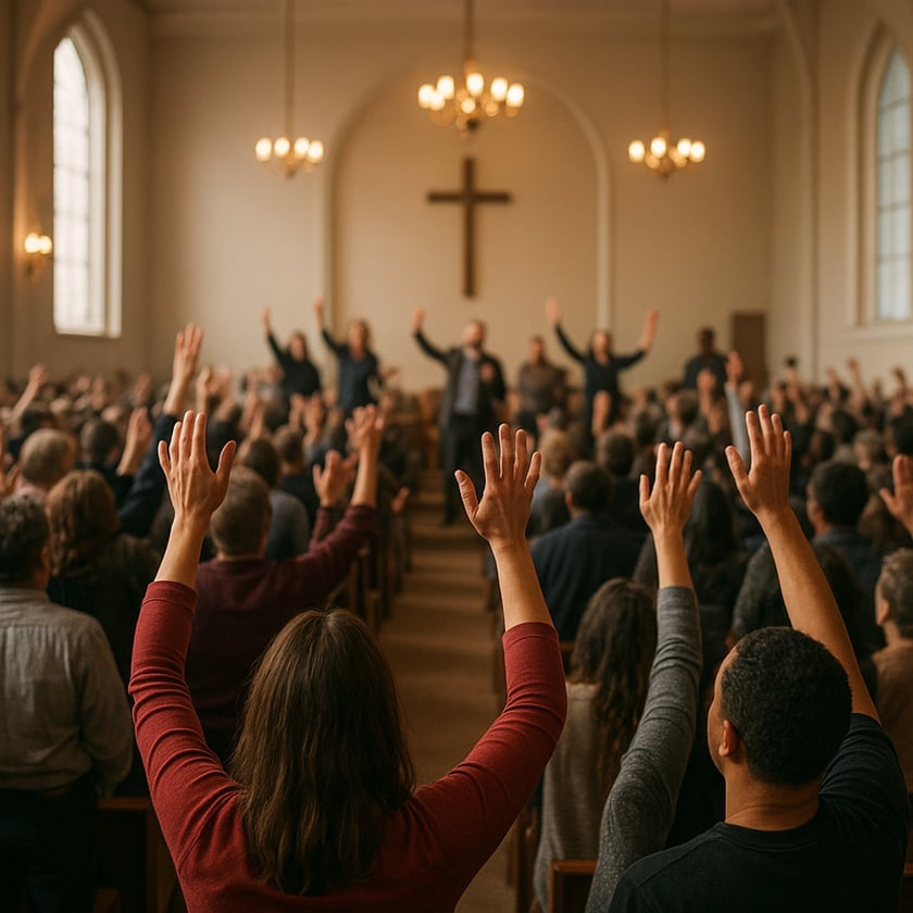Fiéis de braços erguidos em uma igreja, com uma grande cruz de madeira na parede ao fundo.