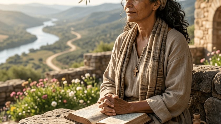 Mulher de meia-idade sentada num banco de pedra com uma Bíblia aberta, diante de um vale.