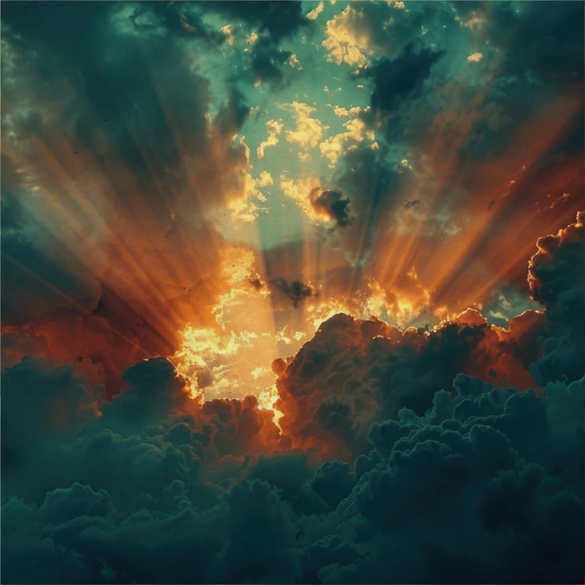 Raios de sol atravessam nuvens escuras e douradas em um céu esverdeado.