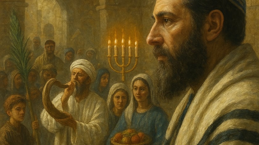 Homem de barba com xale de oração observa homem tocando shofar, mulheres e menino com palma.