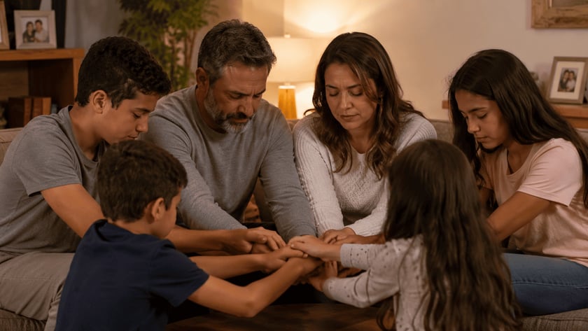Família sentada na sala, de olhos fechados, com as mãos unidas sobre a mesa de centro.