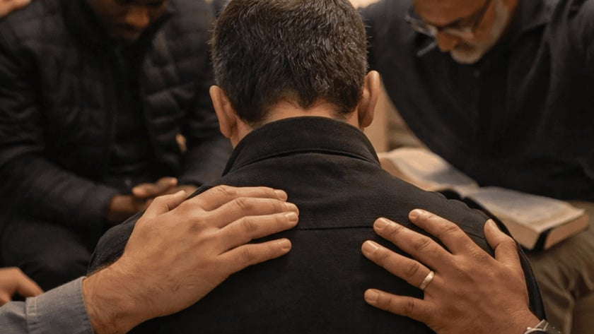 Homens de cabeça baixa oram em círculo, com as mãos nos ombros de um deles.