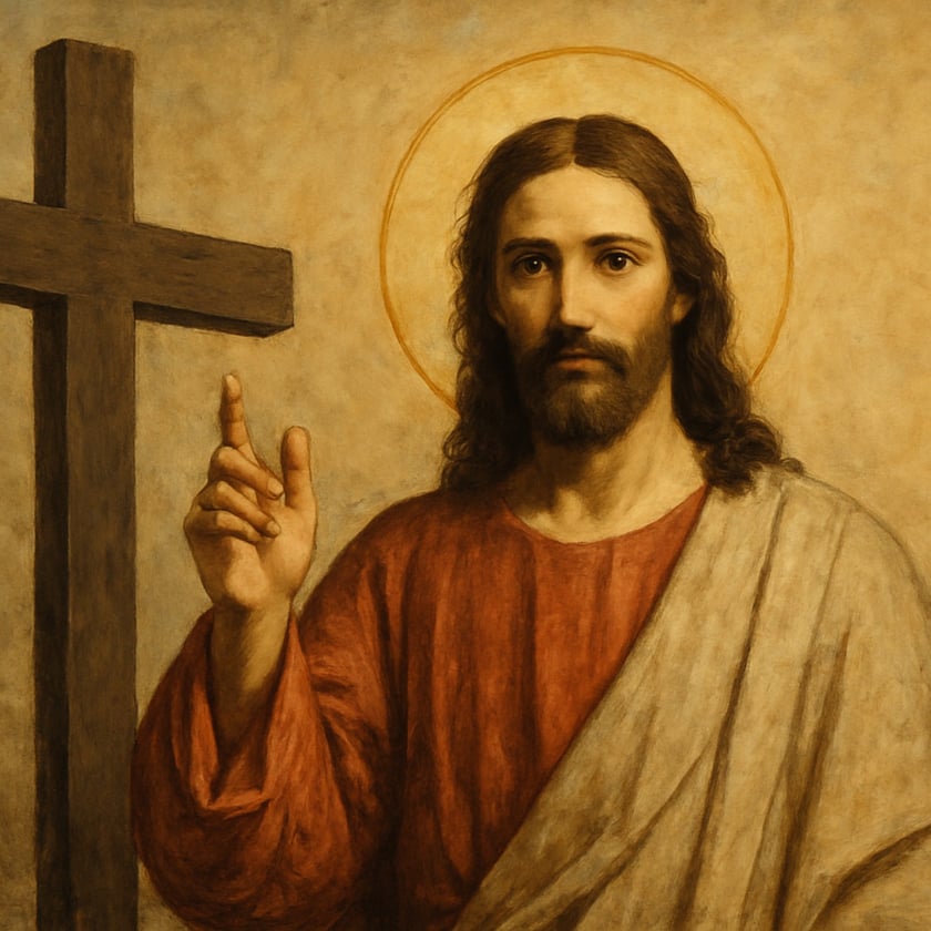 Homem barbudo de cabelos longos, com auréola, ergue a mão ao lado de uma cruz de madeira.