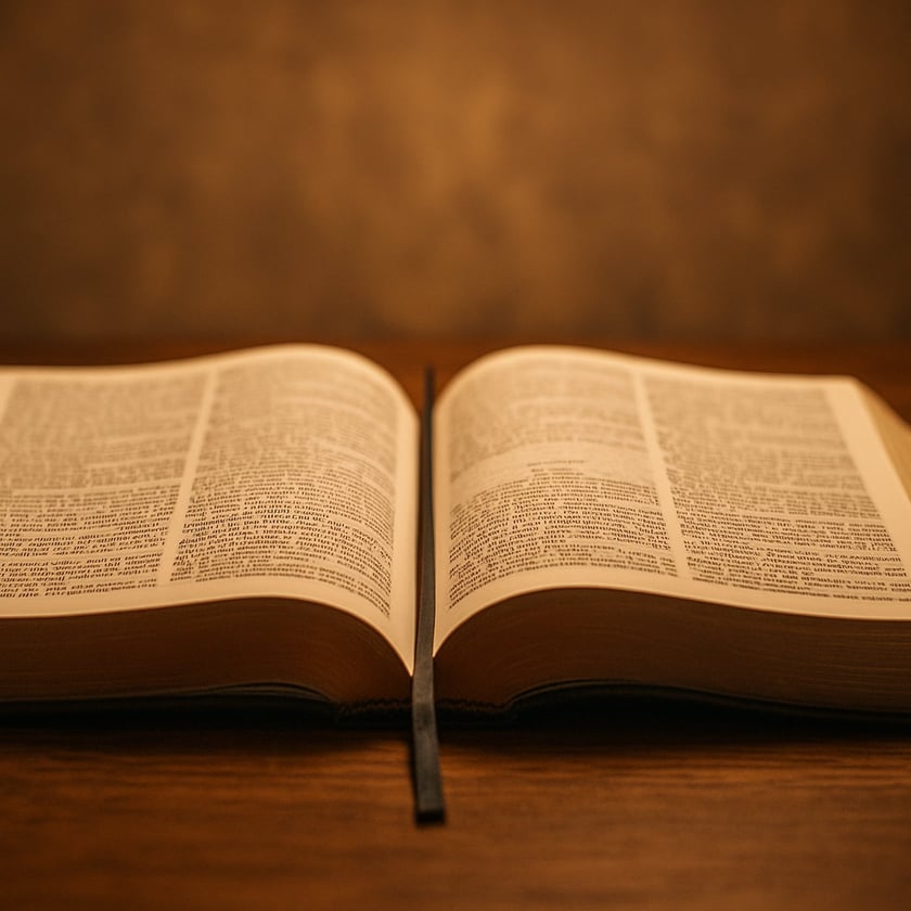 Livro grande aberto, com duas páginas de texto e uma fita marcadora, sobre mesa de madeira.