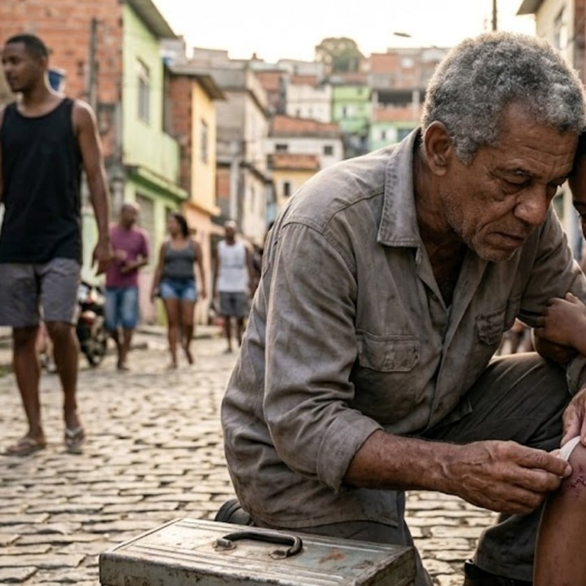 Homem idoso se agacha numa rua de paralelepípedos e faz curativo no joelho de uma criança.