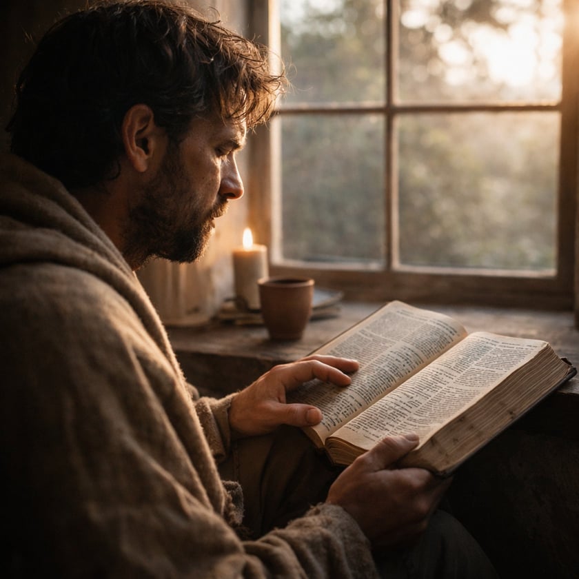 Homem barbudo envolto em manta lê um livro aberto ao lado de uma janela.