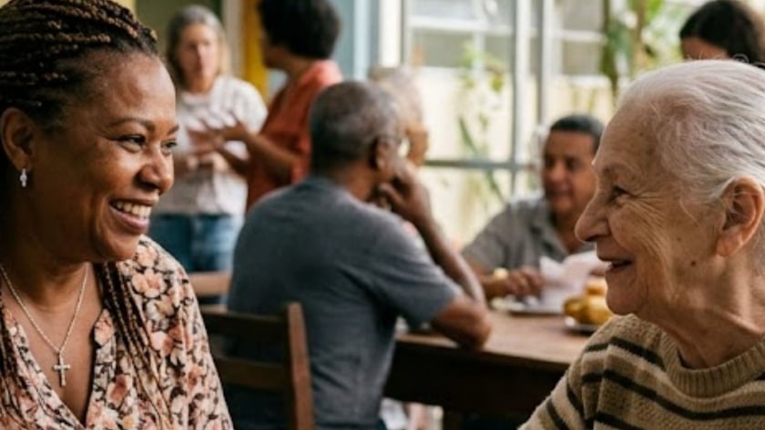 Mulher de tranças sorri à mesa, segurando a mão de outra pessoa, com café, biscoitos e Bíblia.