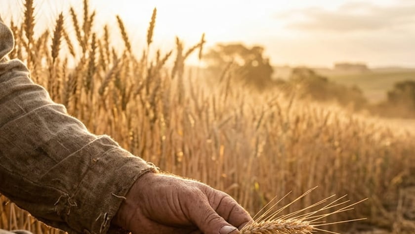Mãos calejadas de agricultor segurando espigas de trigo em plantação seca, ao lado de terra rachada.