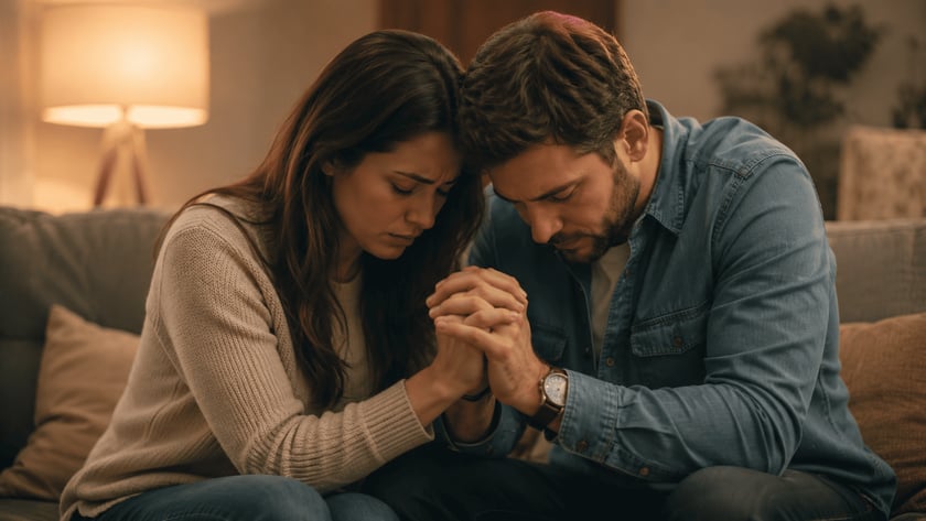 Mulher e homem sentados num sofá, de cabeça baixa, com as mãos unidas.