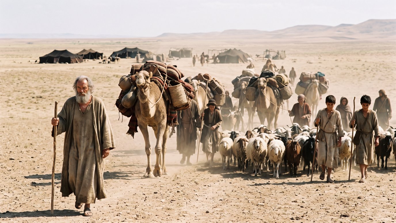 Homem idoso com cajado guia camelos carregados, ovelhas e pessoas pelo deserto.