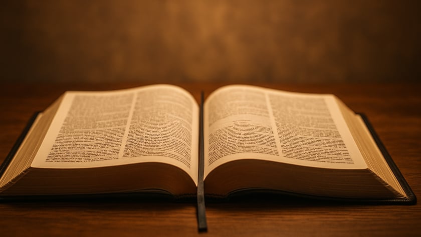 Livro grande aberto, com duas páginas de texto e uma fita marcadora, sobre mesa de madeira.
