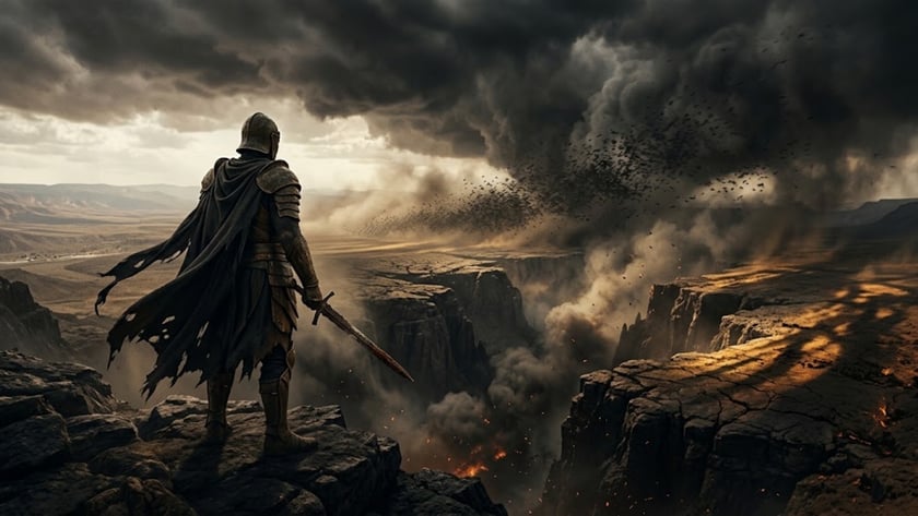 Guerreiro de armadura e capa rasgada, com espada, olha um cânion em chamas sob nuvens negras.