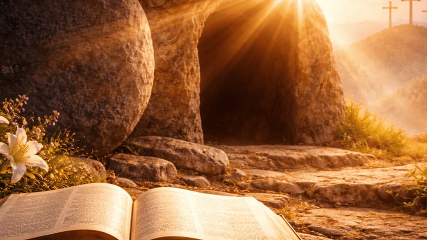 Bíblia aberta diante de um túmulo de pedra vazio, com três cruzes distantes ao nascer do sol.