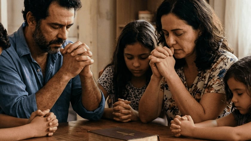 Família com pai, mãe e crianças reza de mãos juntas ao redor de uma mesa com uma Bíblia.