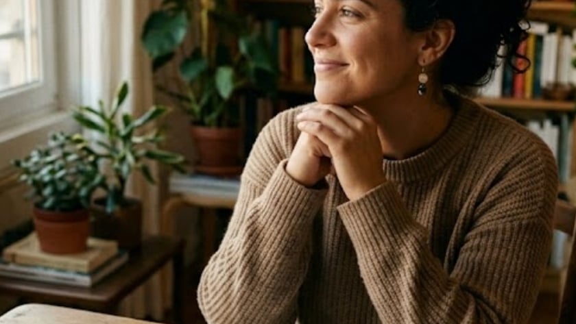 Mulher de suéter bege, sentada à mesa, olha pela janela ao lado de um caderno e uma xícara.