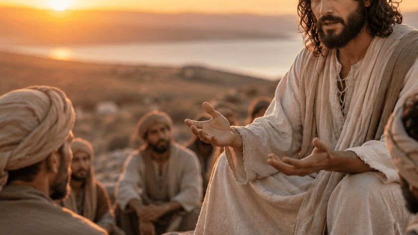 Homem de cabelo comprido e barba, em túnica clara, fala a homens sentados ao pôr do sol.