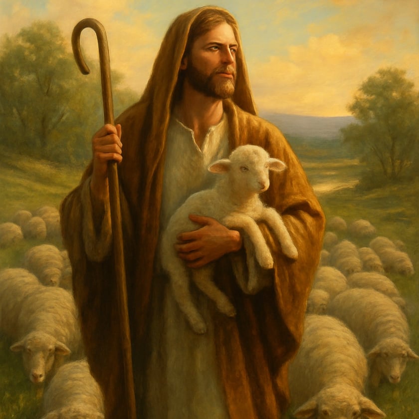 Pastor de barba e manto marrom segura um cordeiro e um cajado entre ovelhas.