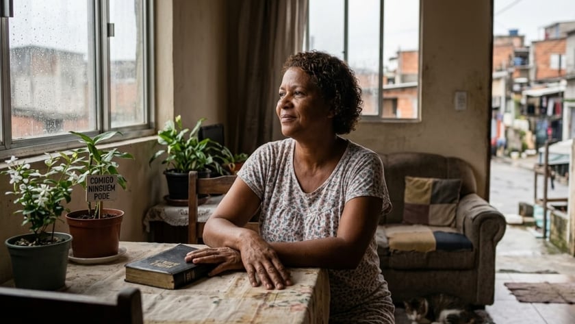 Mulher de cabelo curto e cacheado olha pela janela, sentada à mesa numa sala.