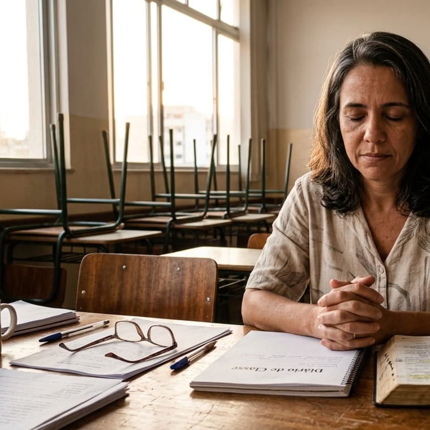 Mulher de olhos fechados e mãos juntas à mesa numa sala de aula: "Diário de Classe".