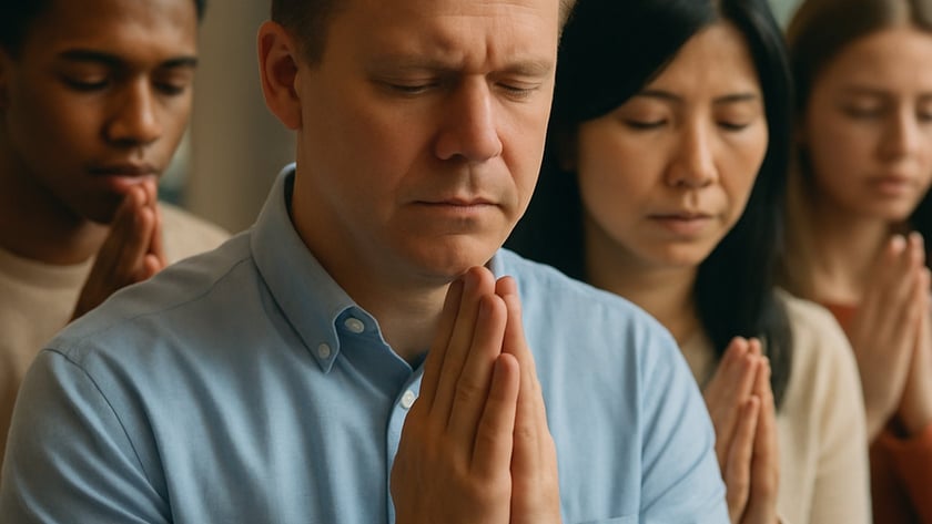 Quatro pessoas de olhos fechados e mãos postas, rezando lado a lado em um ambiente interno.